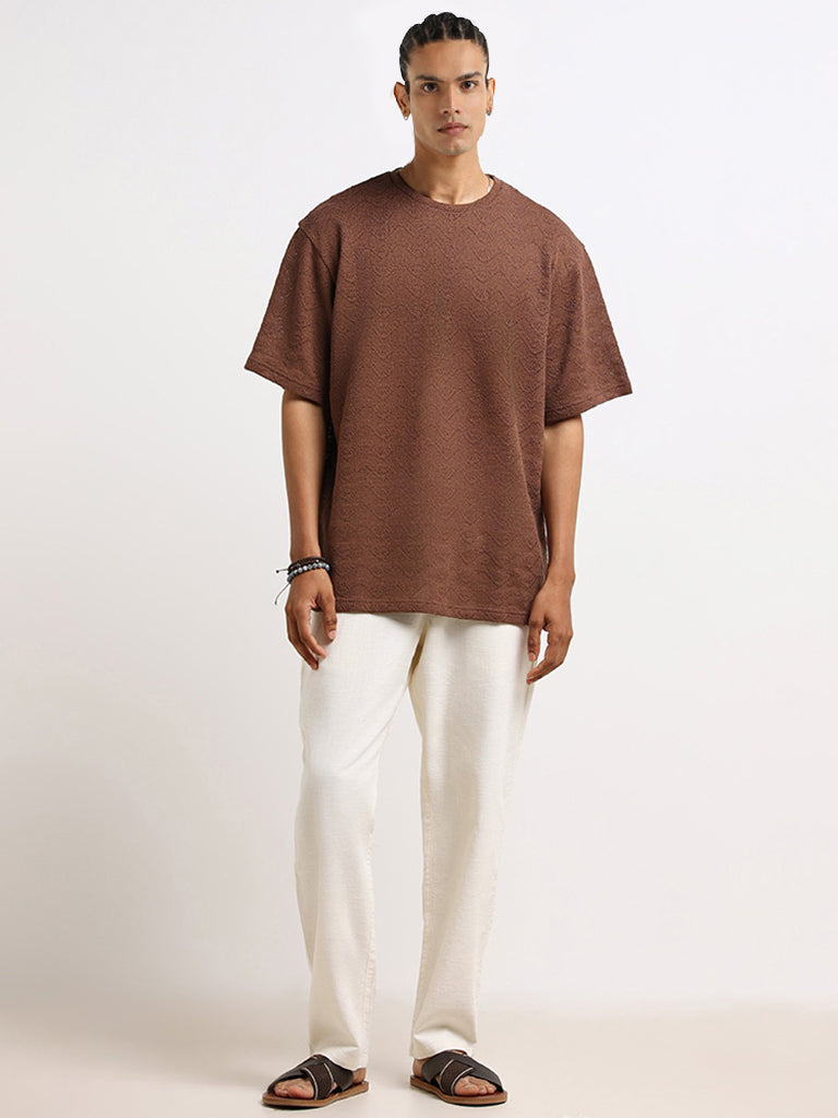 ETA Brown Textured Cotton Relaxed Fit T-Shirt