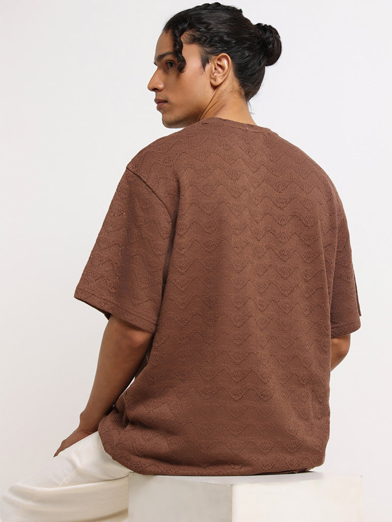 ETA Brown Textured Cotton Relaxed Fit T-Shirt