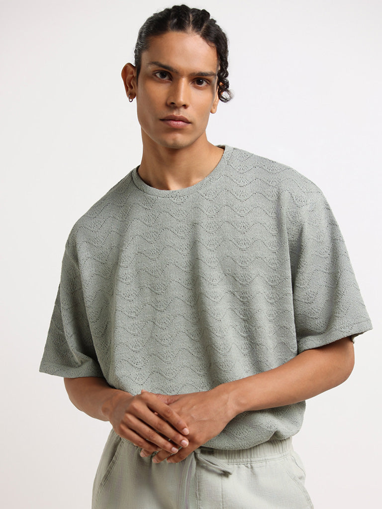 ETA Green Textured Cotton Relaxed Fit T-Shirt