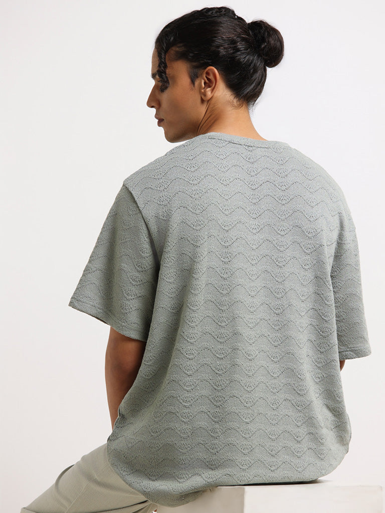 ETA Green Textured Cotton Relaxed Fit T-Shirt