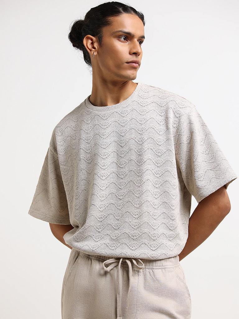 ETA Grey Textured Cotton Relaxed Fit T-Shirt