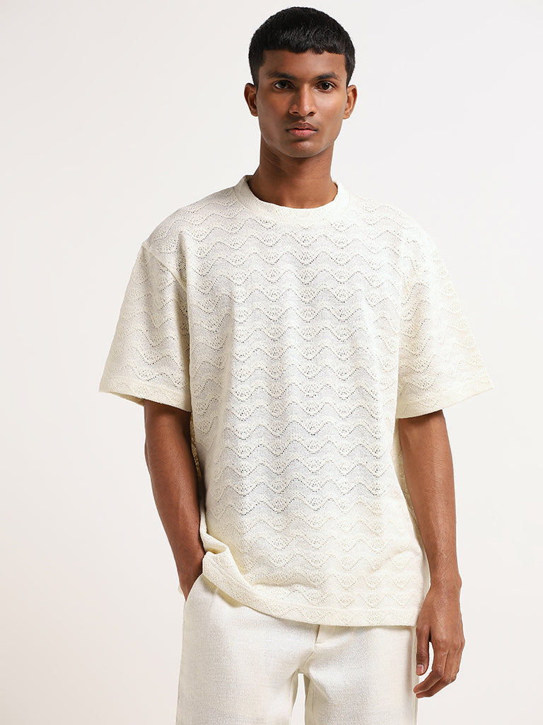 ETA Off-White Textured Cotton Blend Relaxed Fit T-Shirt