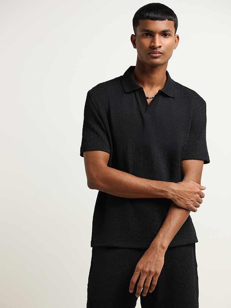 ETA Black Slim Fit Textured Cotton Blend Polo T-Shirt