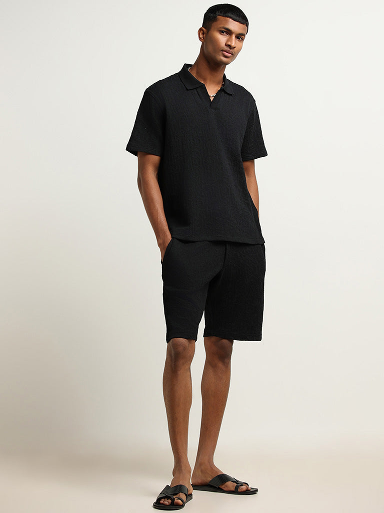 ETA Black Slim Fit Textured Cotton Blend Polo T-Shirt