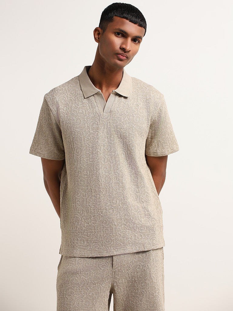 ETA Dark Taupe Textured Cotton Blend Slim Fit Polo T-Shirt