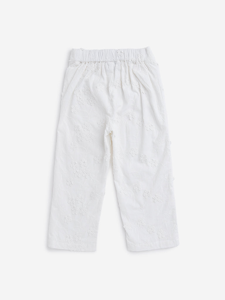 HOP Kids White Floral Embroidered Pants