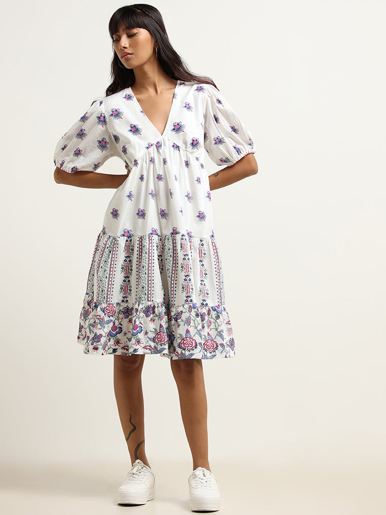 Bombay Paisley White Cotton Tiered A line Dress