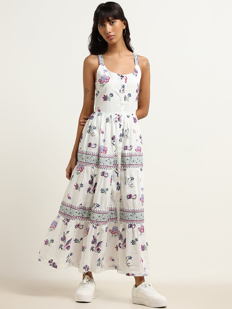 Bombay Paisley White Cotton Tiered Maxi Dress