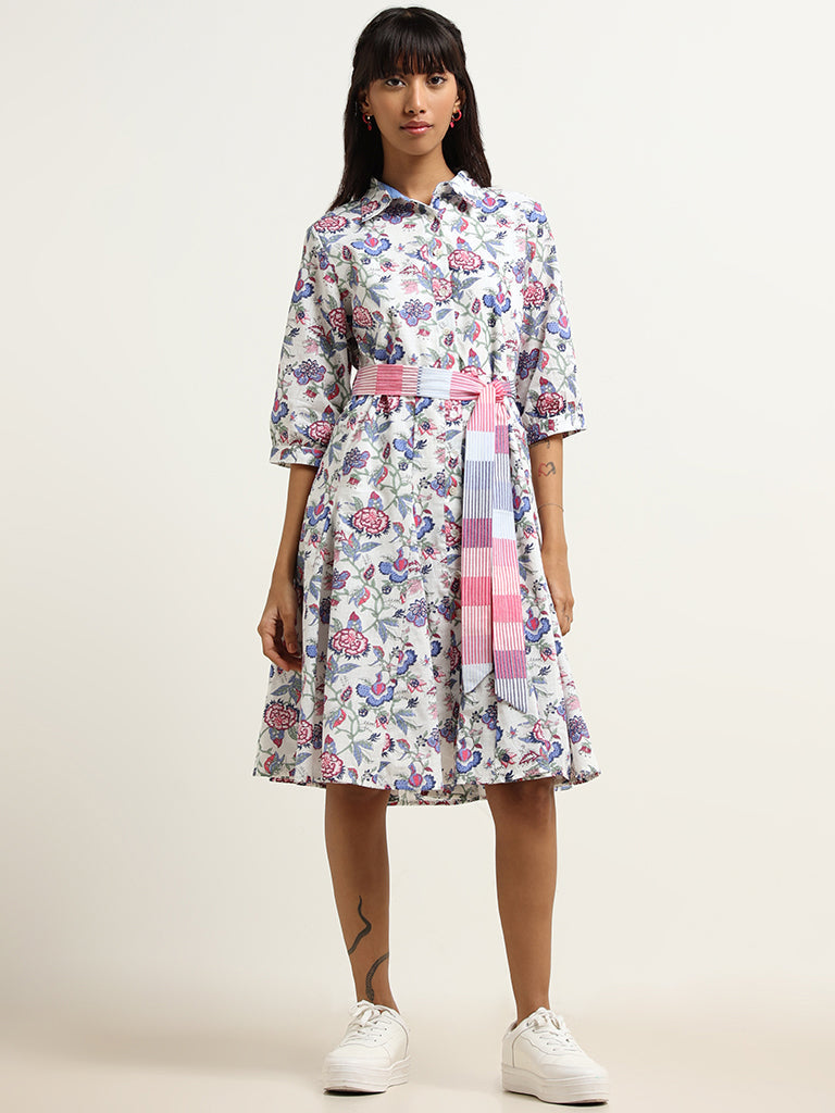 Bombay Paisley White Cotton Shirt Dress with Belt