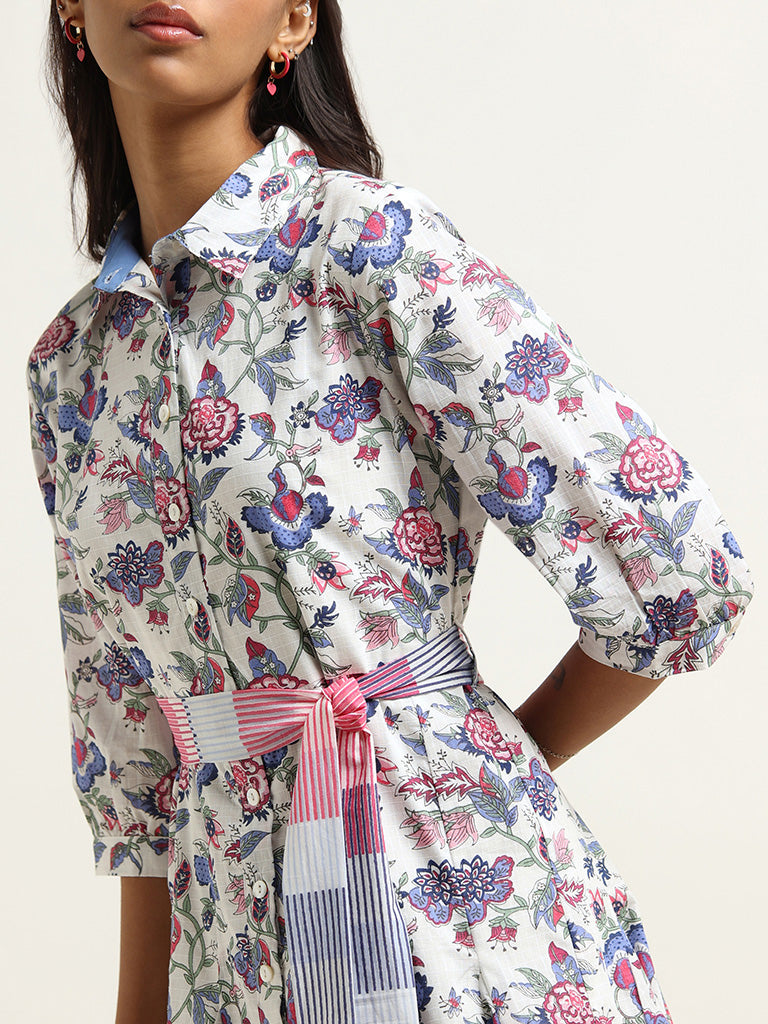 Bombay Paisley White Cotton Shirt Dress with Belt