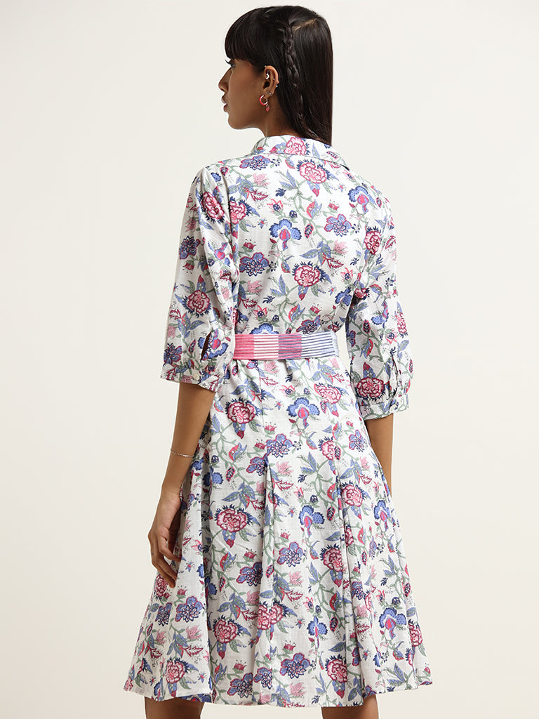 Bombay Paisley White Cotton Shirt Dress with Belt