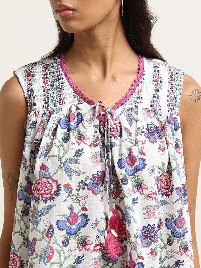 Bombay Paisley White Smocked Cotton Top