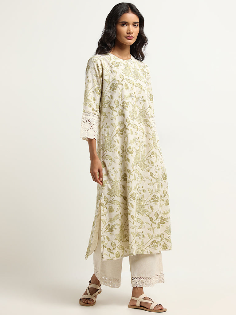 Utsa Green Floral Print Blended Linen Kurta