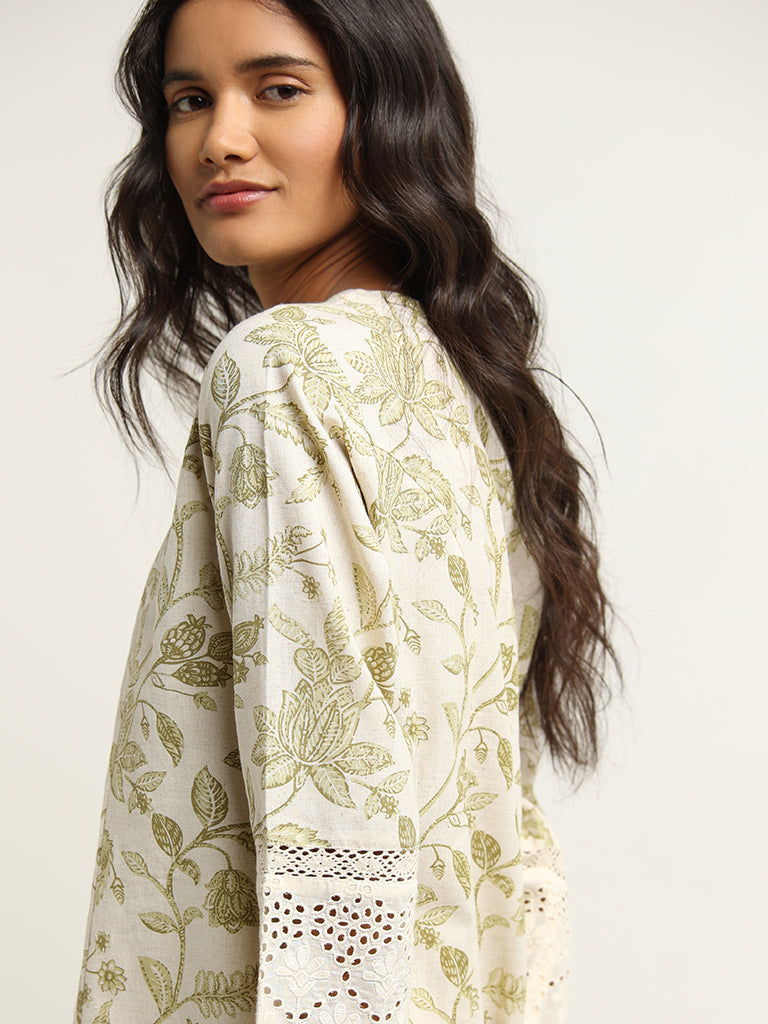 Utsa Green Floral Print Blended Linen Kurta