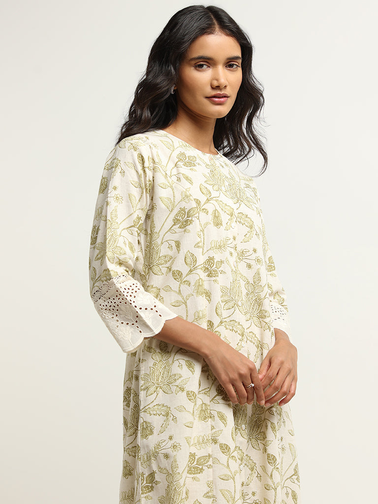 Utsa Green Floral Print Blended Linen Kurta