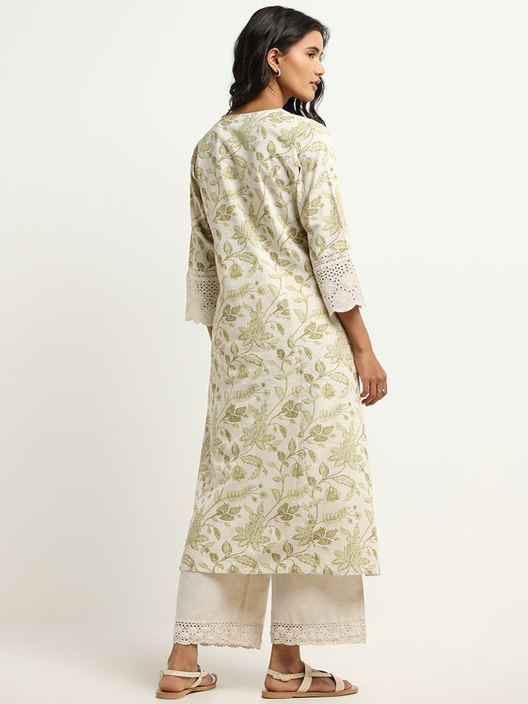 Utsa Green Floral Print Blended Linen Kurta