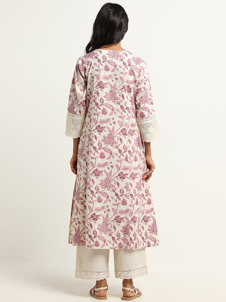 Utsa Lilac Floral Print Blended Linen Kurta