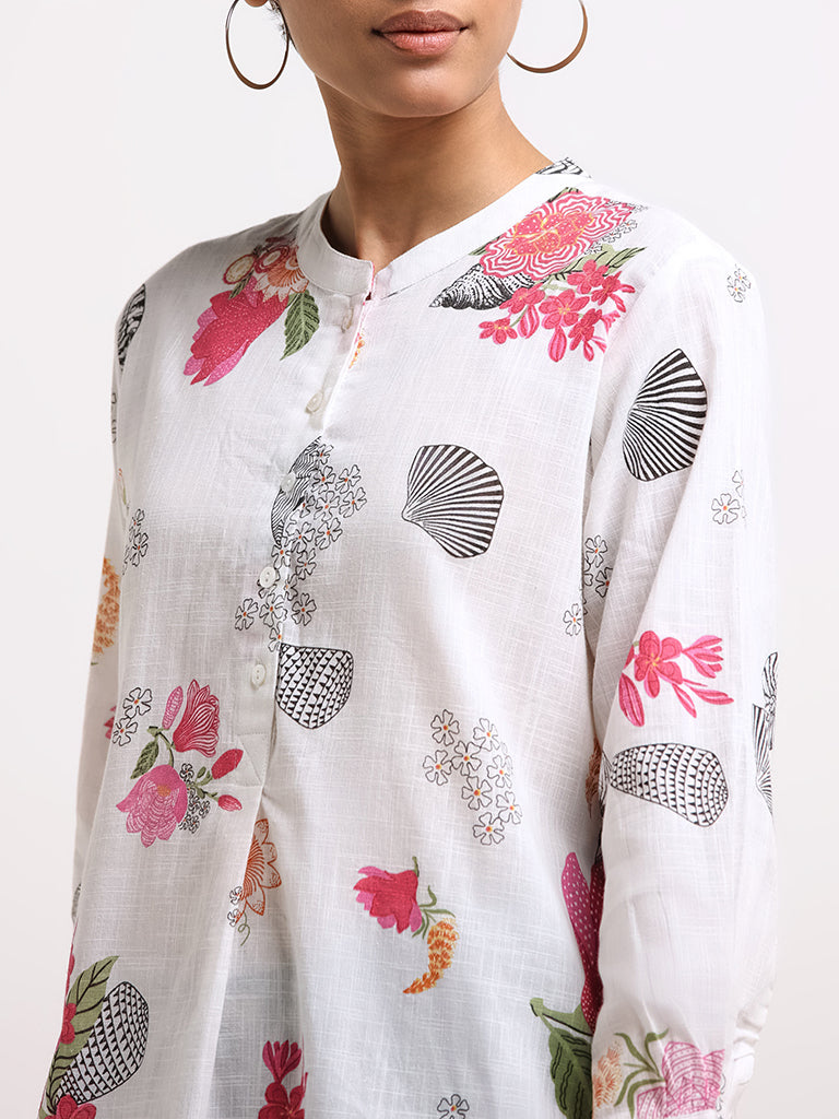 Utsa White Floral-Print Cotton Kurti