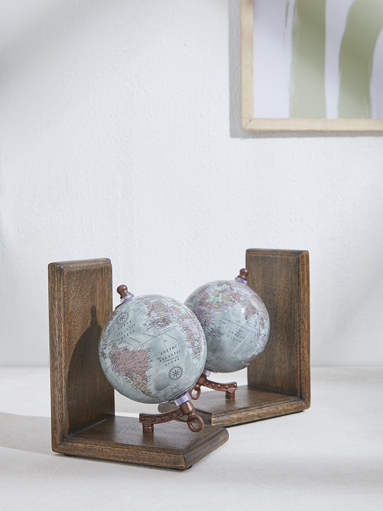 Westside Home Blue Globe Design Wooden Book End