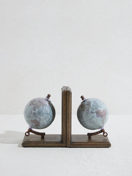 Westside Home Blue Globe Design Wooden Book End