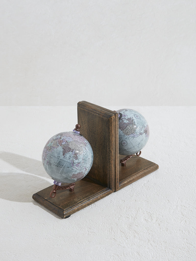 Westside Home Blue Globe Design Wooden Book End