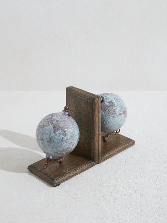 Westside Home Blue Globe Design Wooden Book End