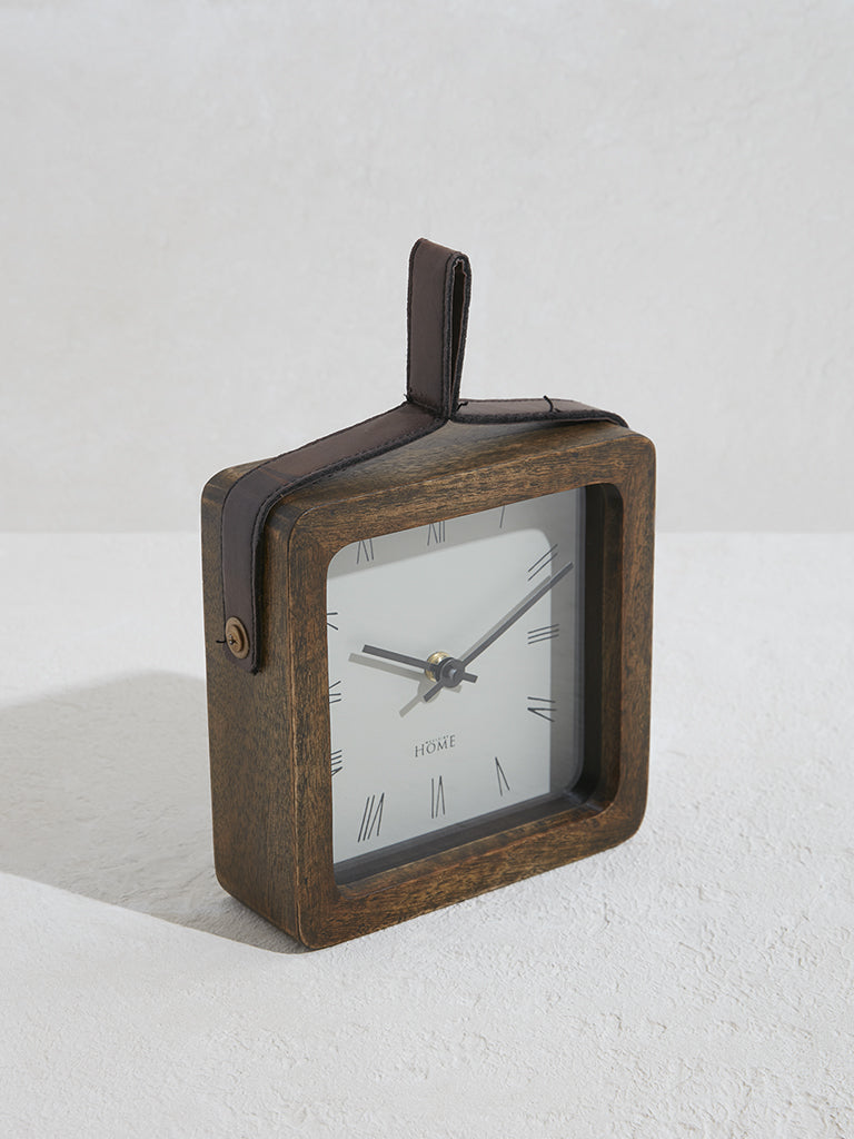 Westside Home Brown Wooden Clock with Leather Handle