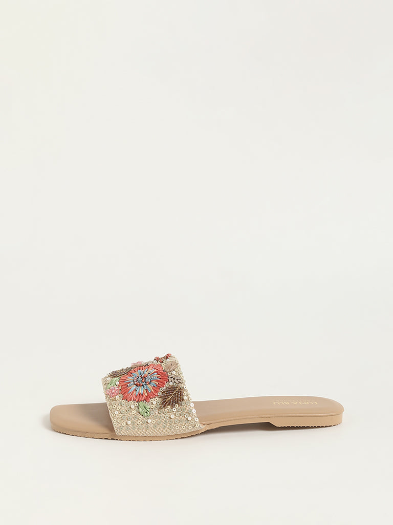 LUNA BLU Beige Artisanal Embroidered Slides