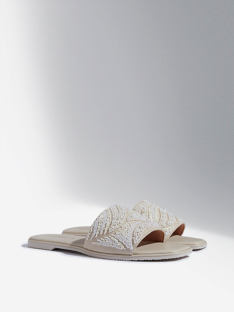 LUNA BLU Ivory Pearlescent Embellished Slides