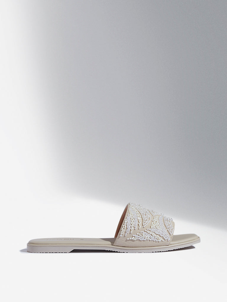 LUNA BLU Ivory Pearlescent Embellished Slides