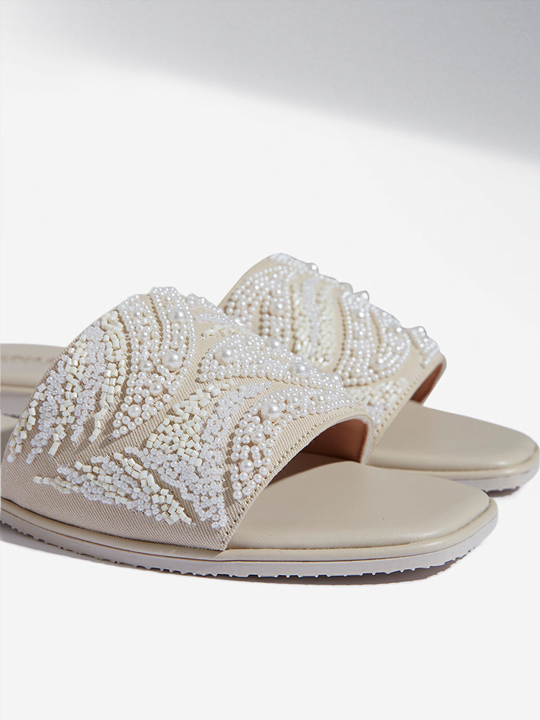 LUNA BLU Ivory Pearlescent Embellished Slides