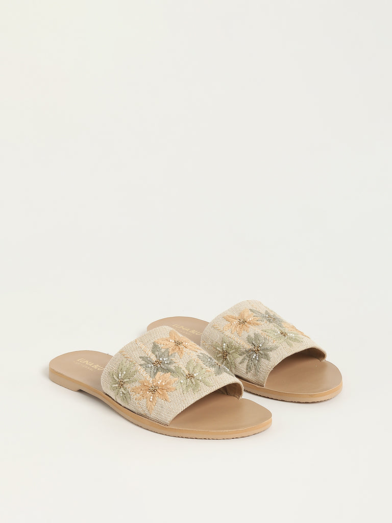 LUNA BLU Beige Tropical-Inspired Slides