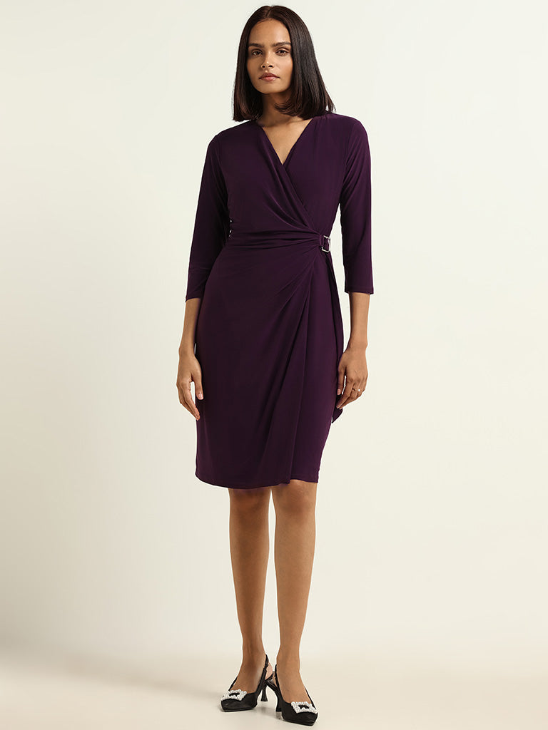 Wardrobe Plain Purple Wrap Dress