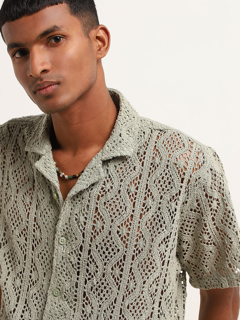 ETA Green Crochet Cotton Relaxed Fit Shirt