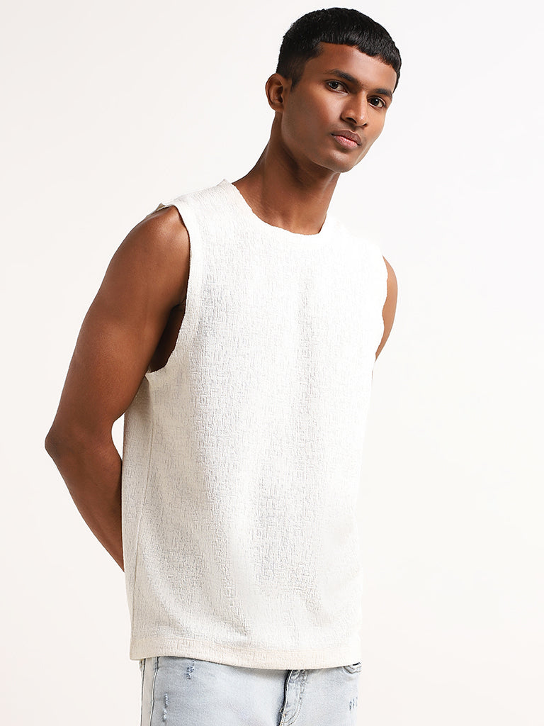 Nuon Off-White Relaxed Fit Marble Textured Cotton Blend Vest