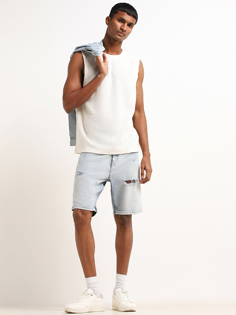 Nuon Off-White Relaxed Fit Marble Textured Cotton Blend Vest