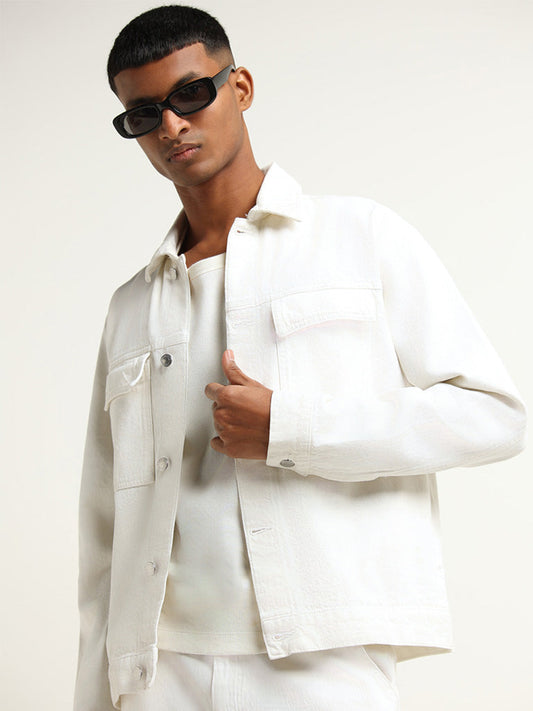 Nuon White Solid Relaxed Fit Denim Jacket