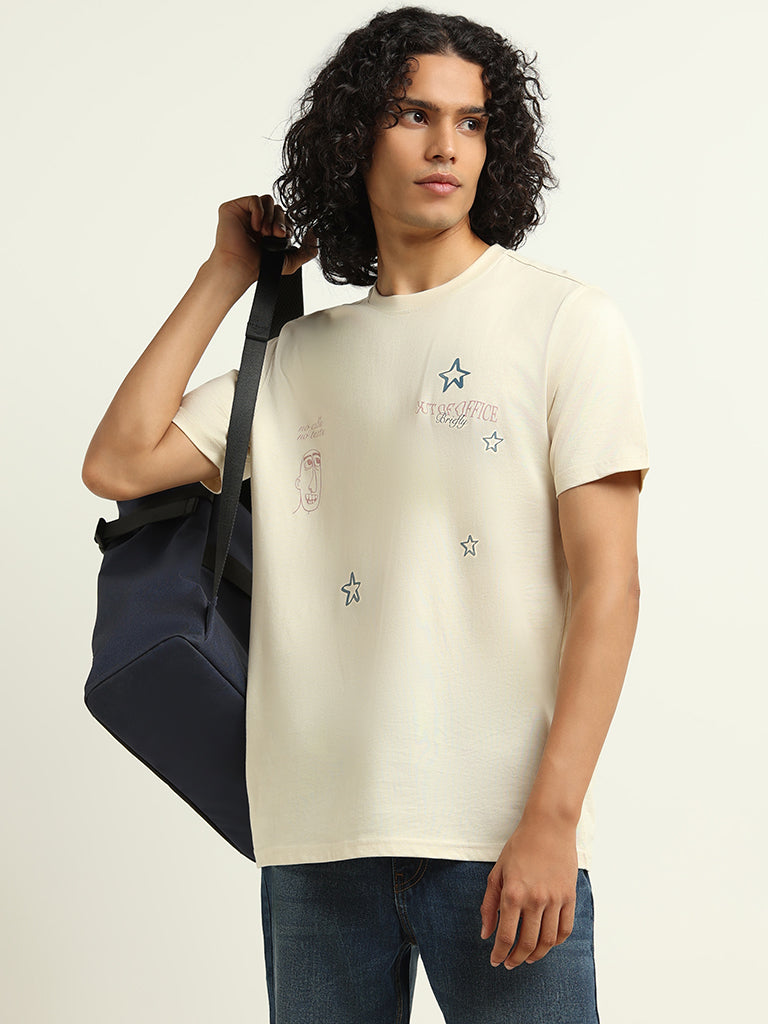 Nuon Cream Printed Cotton Relaxed Fit T-Shirt