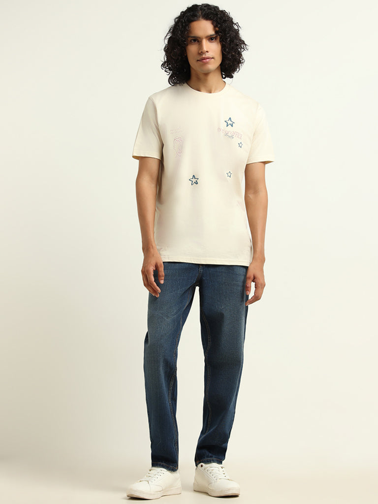 Nuon Cream Printed Cotton Relaxed Fit T-Shirt