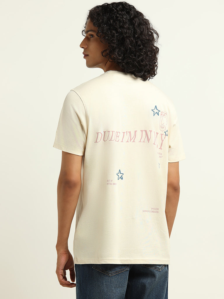 Nuon Cream Printed Cotton Relaxed Fit T-Shirt