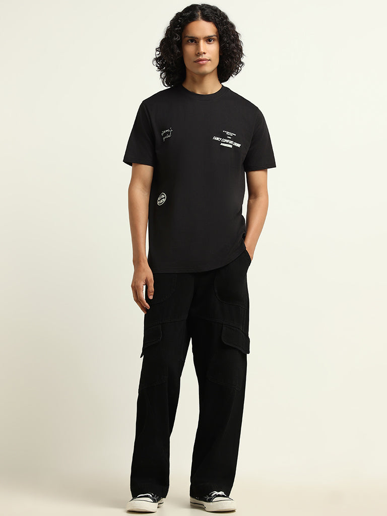 Nuon Black Printed Cotton Relaxed Fit T-Shirt