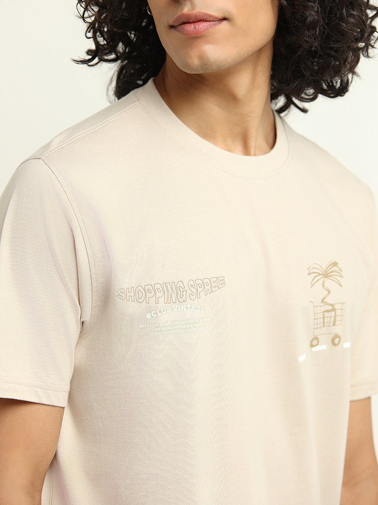 Nuon Beige Printed Cotton Relaxed Fit T-Shirt