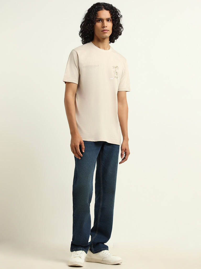 Nuon Beige Printed Cotton Relaxed Fit T-Shirt