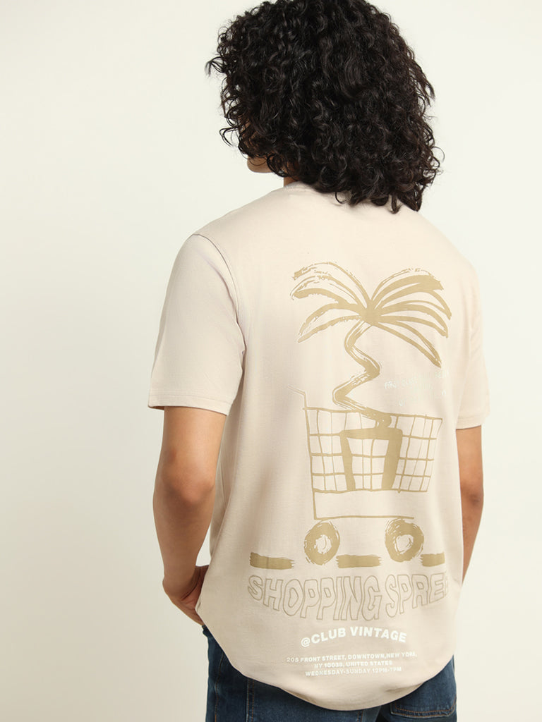 Nuon Beige Printed Cotton Relaxed Fit T-Shirt