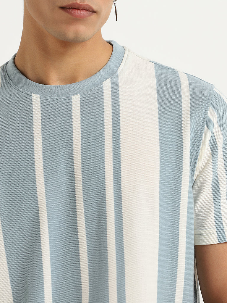 Nuon Blue Striped Cotton Blend Slim Fit T-Shirt