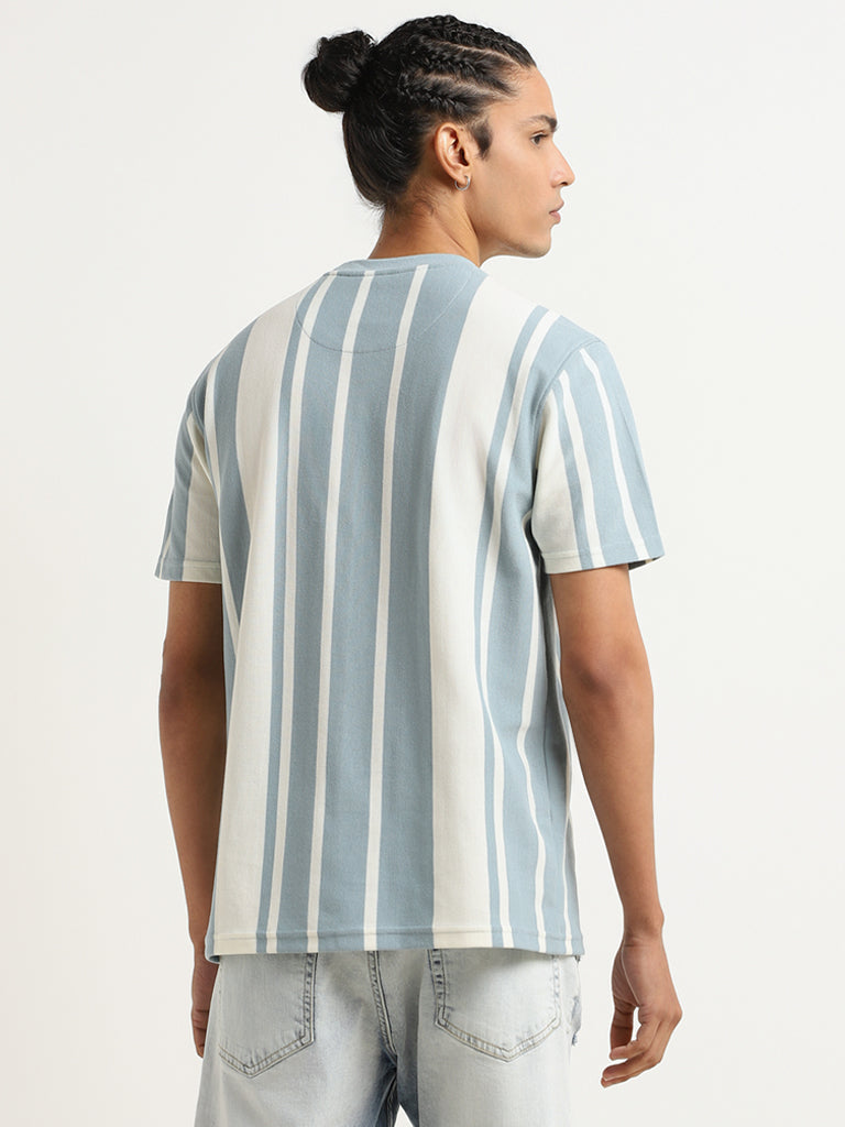 Nuon Blue Striped Cotton Blend Slim Fit T-Shirt