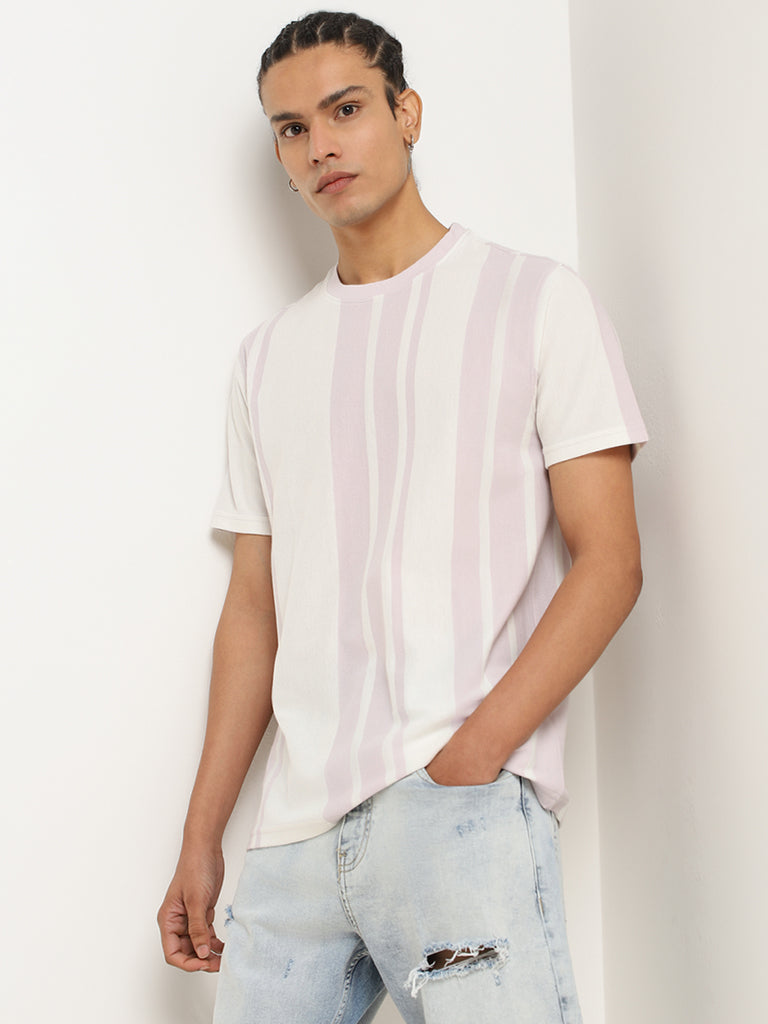 Nuon Lavender Striped Cotton Blend Slim Fit T-Shirt