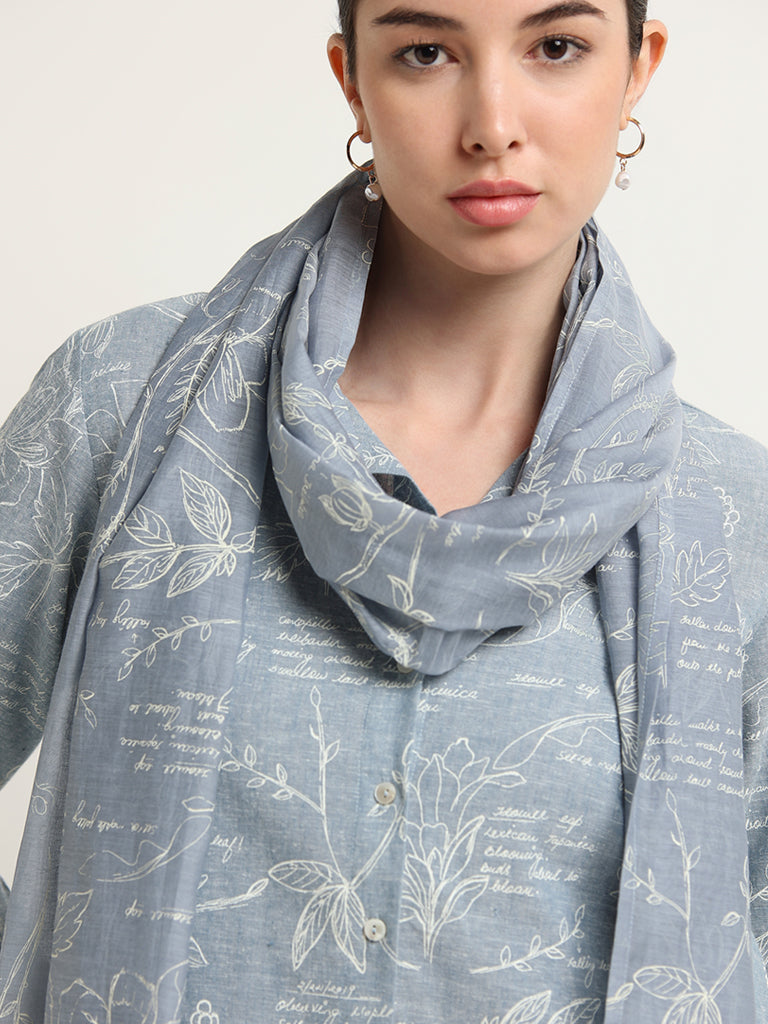 Zuba Blue Contrast Printed Cotton Blend Stole