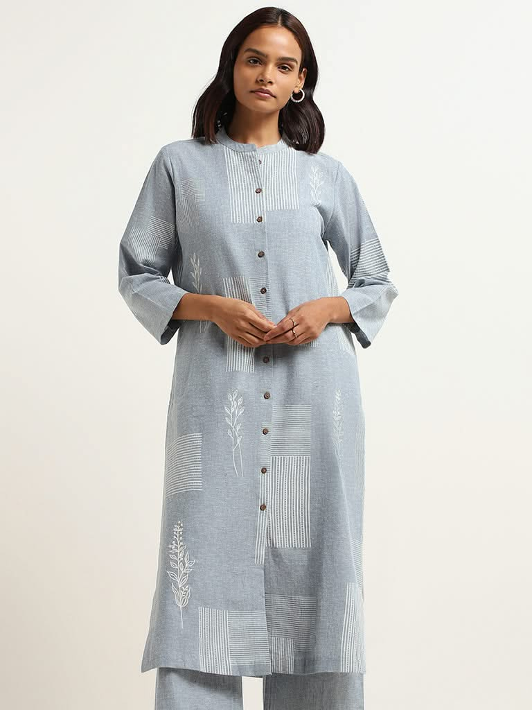 Zuba Blue Embroidered Cotton Buttoned Down Kurta