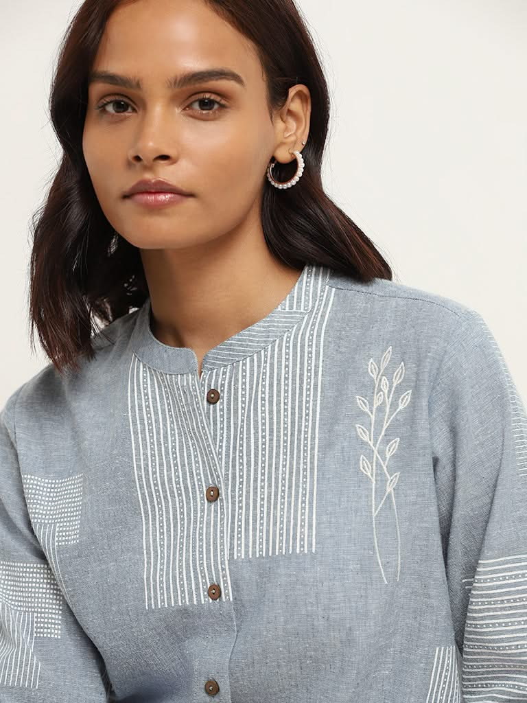 Zuba Blue Embroidered Cotton Buttoned Down Kurta